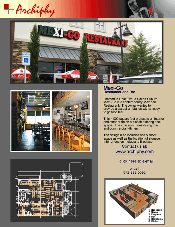 Restaurant Architects in Dallas - Archiphy specializes in interior architecture and planning.  This picture shows the design of a 4000 sf Mexican Restaurant in Little Elm Texas. The design included outdoor space, bar, fireplace, commercial kitchen and dining room.